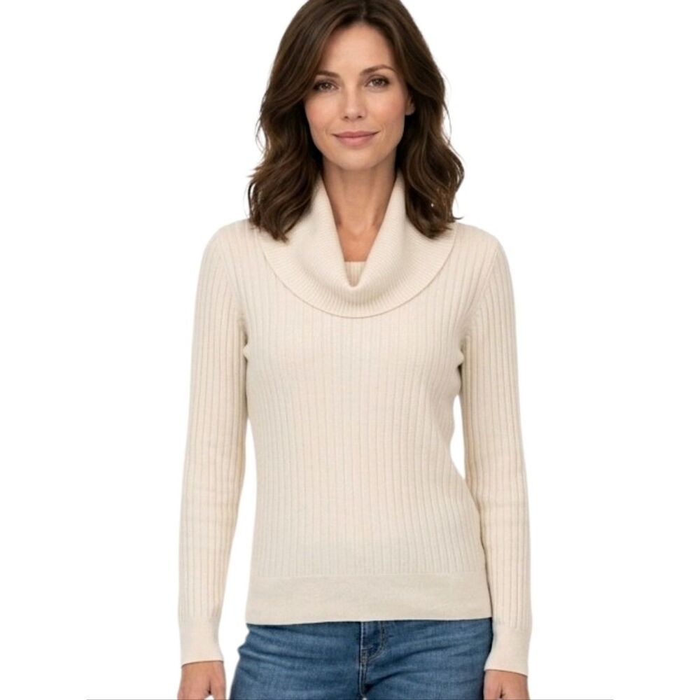 JEANNE PIERRE Ivory 100% Cotton Cowl Neck Ribbed Sweater Size M